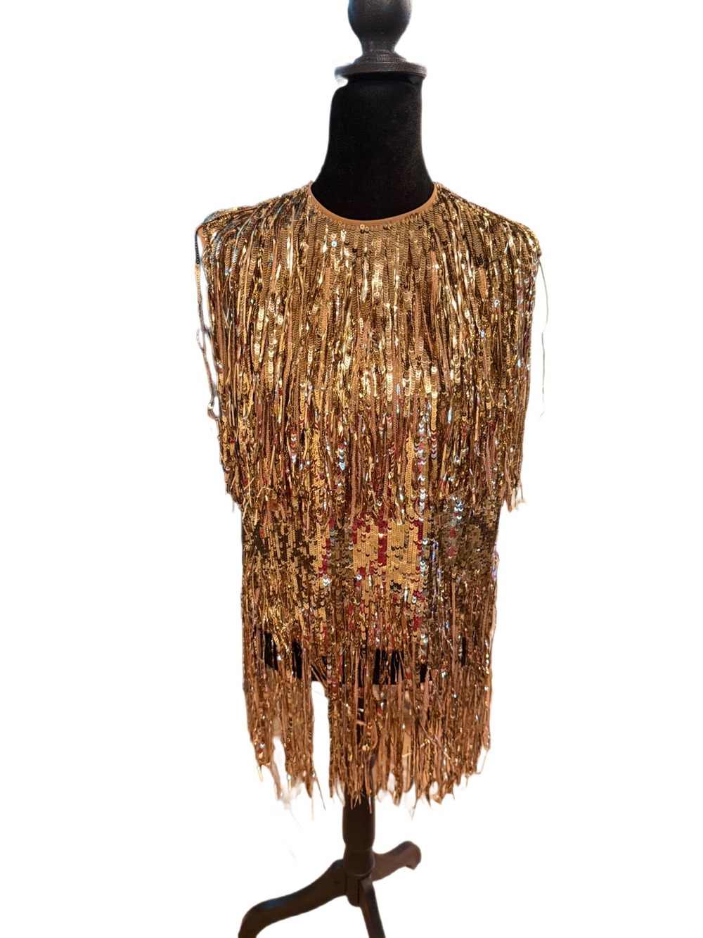 MSGM Milano Gold Sequin Fringe Tassel Top IT 38 Designer Statement Party Blouse